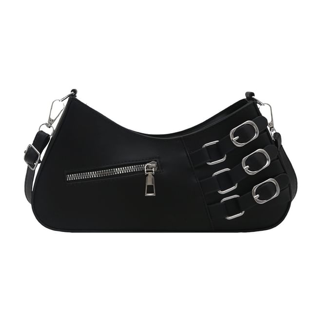 Faux Leather Buckled Zip Shoulder Bag