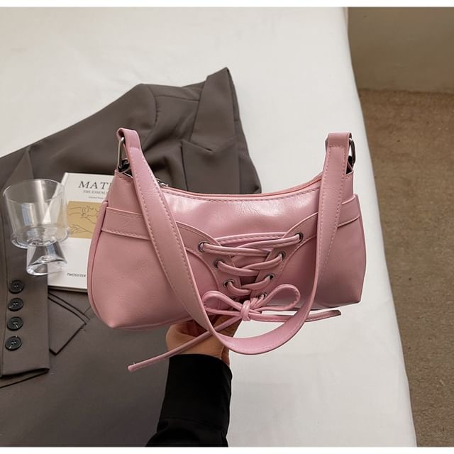 Faux Leather Plain Zip Lace Up Shoulder Bag