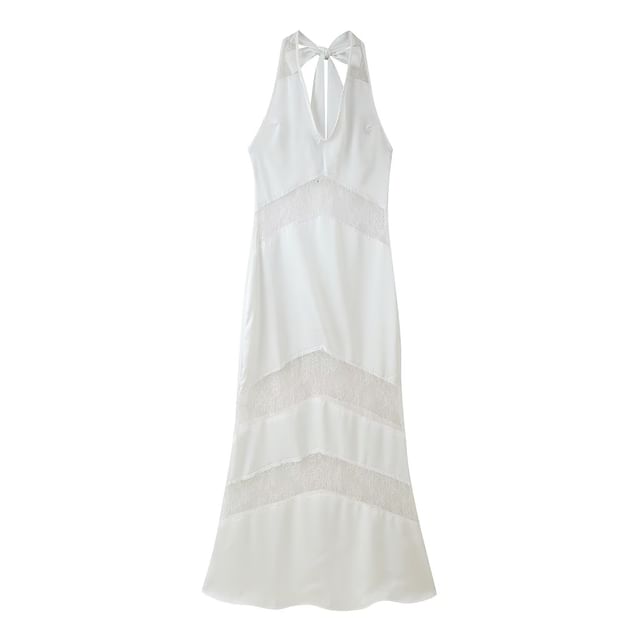 Lace Panel Halter V-Neck Open Back Mermaid Maxi Dress