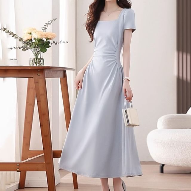 Square Neck Short-Sleeve Plain Maxi A-Line Dress