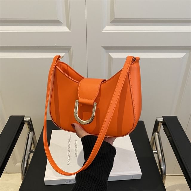 Faux Leather Plain Buckled Shoulder Bag