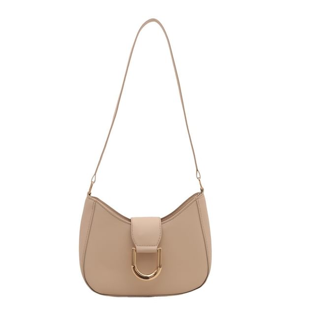 Faux Leather Plain Buckled Shoulder Bag