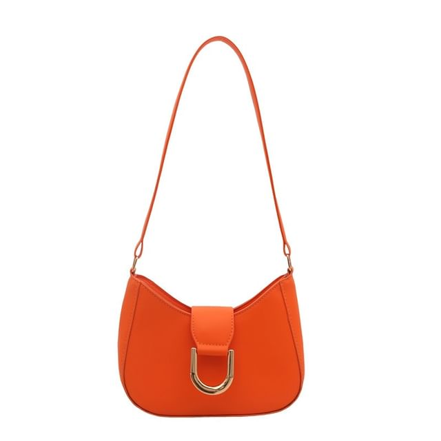 Faux Leather Plain Buckled Shoulder Bag