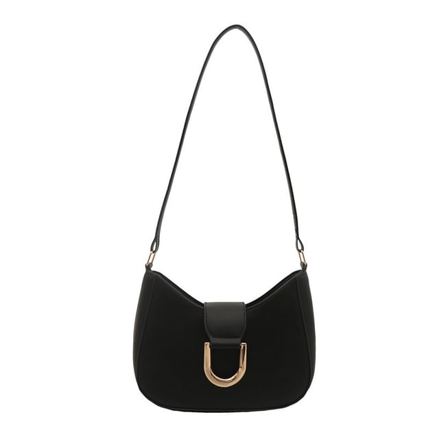 Faux Leather Plain Buckled Shoulder Bag