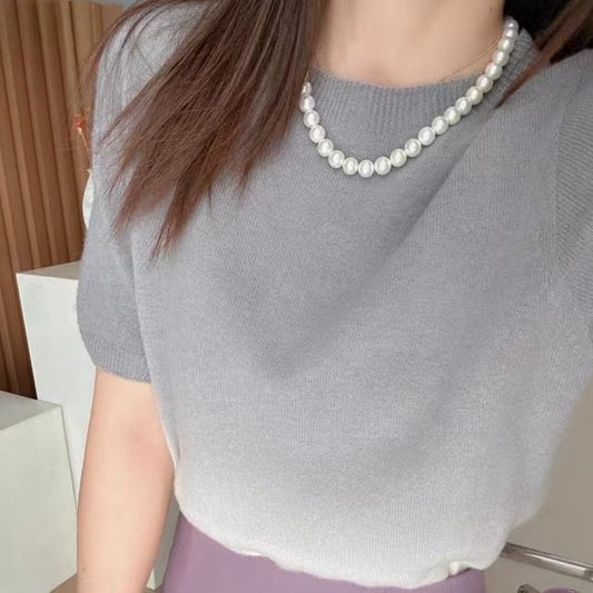 Gradient Neck Top Knit Short-Sleeve Crew