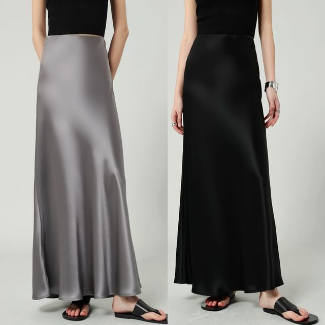 A-Line Plain Maxi Satin High Waist Skirt