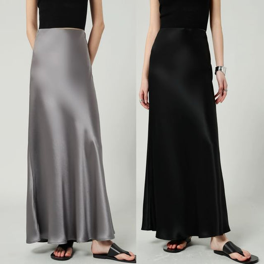 Satin Waist Plain Maxi High Skirt A-Line