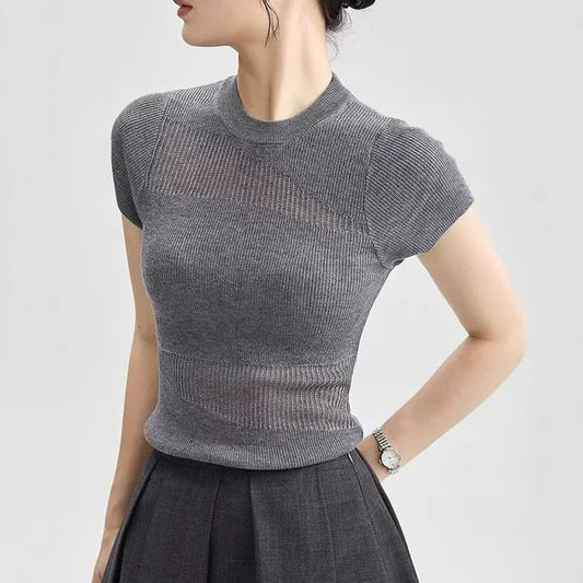 Top Cap-Sleeve Sheer Knit Round Panel Neck Plain