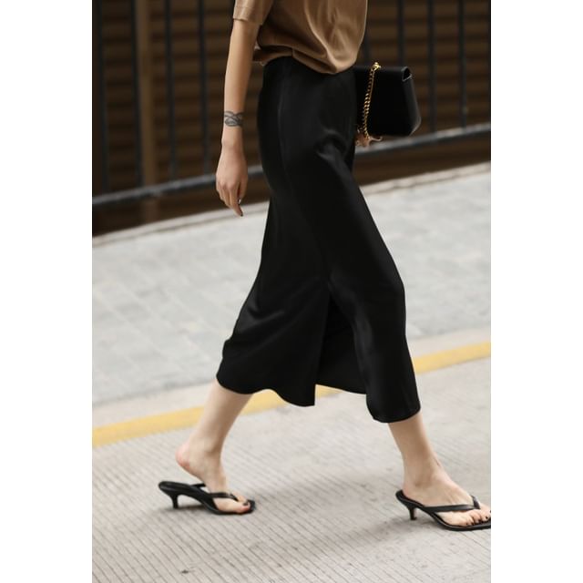 Midi High Satin Slit Skirt Pencil Plain Rise