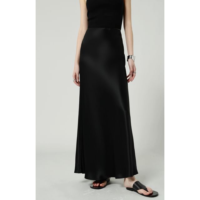 A-Line Plain Maxi Satin High Waist Skirt