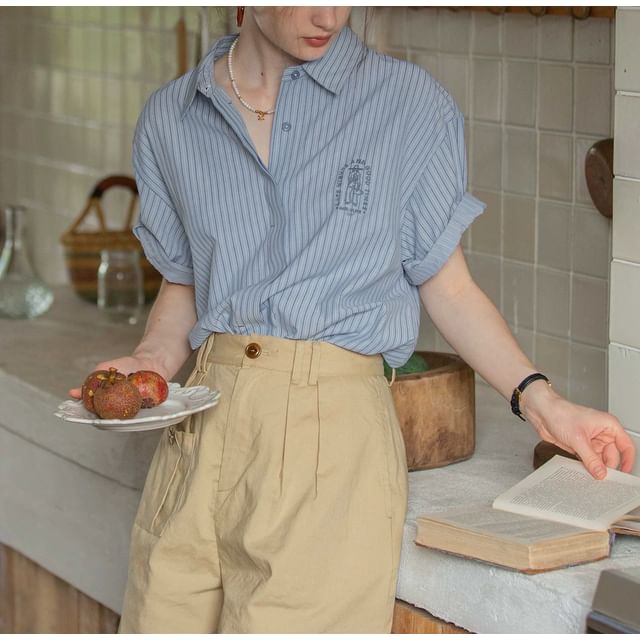 Embroidered Collared Elbow-Sleeve Striped Blouse Button-Up