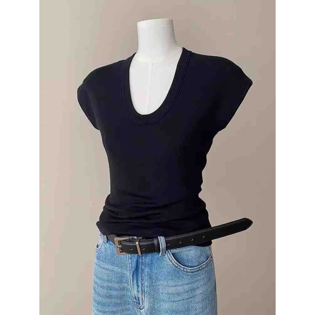 Fit Top Neck Cap-Sleeve Knit Slim Plain Scoop