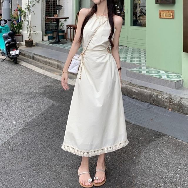 Ruched Sleeveless Round Neck Maxi A-Line Dress