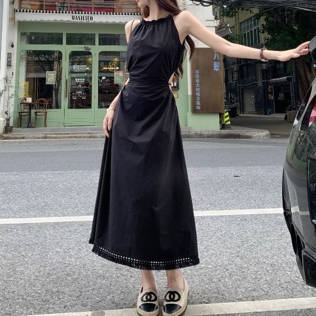 Ruched Sleeveless Round Neck Maxi A-Line Dress