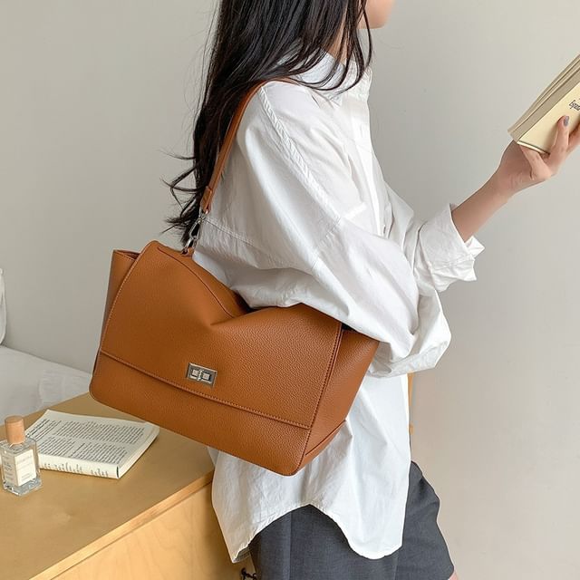 Faux Leather Twist Lock Shoulder Bag