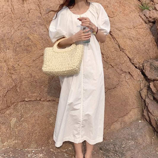 Ruched Round Neck Short Sleeve Maxi A-Line Dress