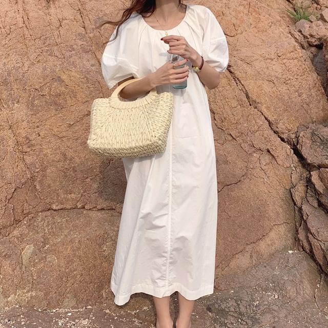 Ruched Round Neck Short Sleeve Maxi A-Line Dress