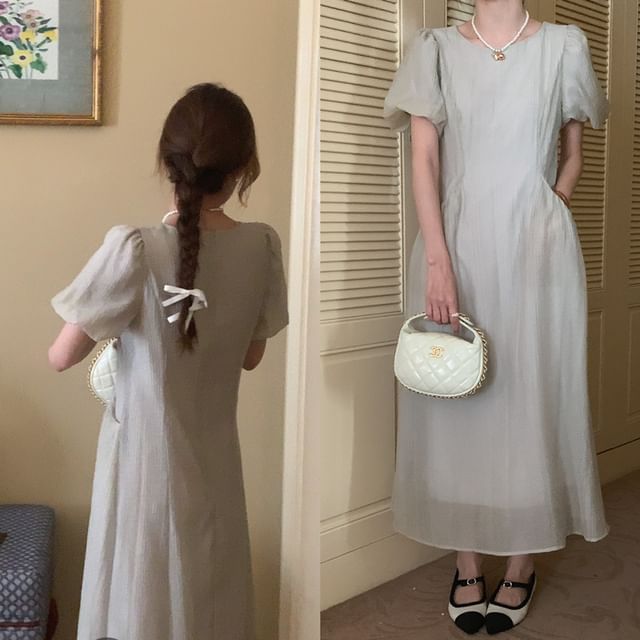 Ribbed Puff Short-Sleeve Round Neck Maxi A-Line Dress