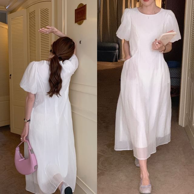 Ribbed Puff Short-Sleeve Round Neck Maxi A-Line Dress