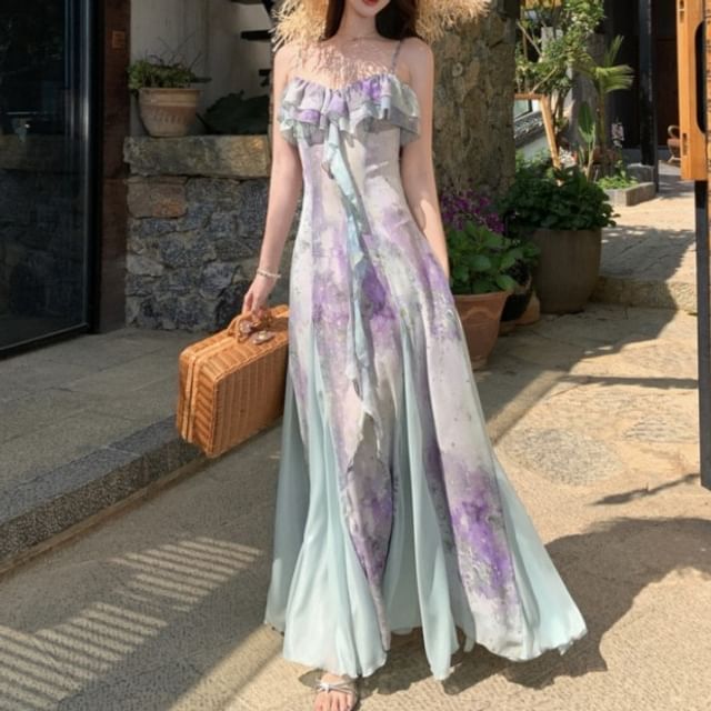 V-Neck Tie Dye Ruffle Trim Spaghetti Strap A-Line Maxi Dress