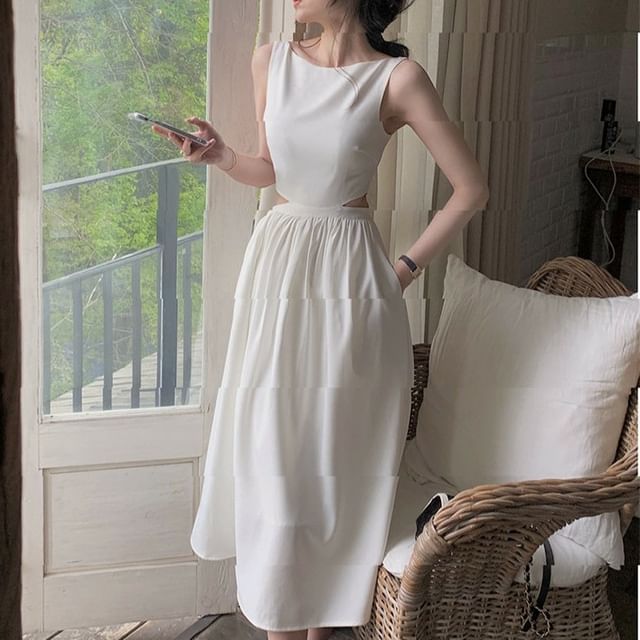 Cutout Gathered Boat Neck Sleeveless Maxi A-Line Dress