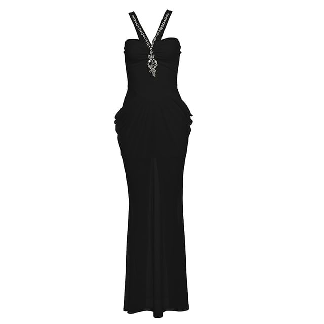 Halter Neck Lace Panel Rhinestone Accent Ruched Mesh Mermaid Maxi Dress