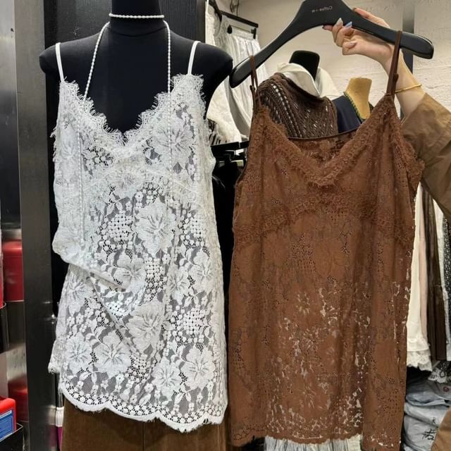 Cami Spaghetti Top V-Neck Strap Plain Lace