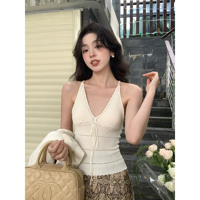 V-Neck Top Tie Plain Spaghetti Camisole Neck Strap