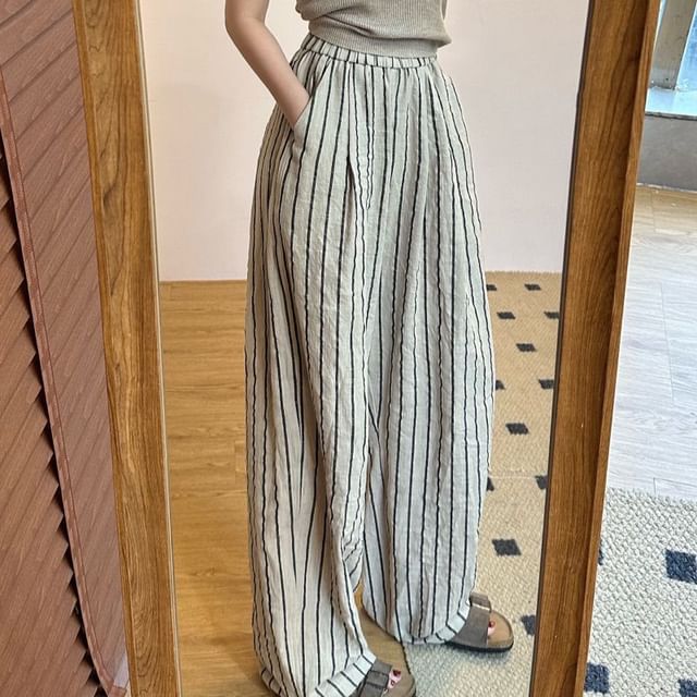 Pants High Striped Wide Leg Plain Waist