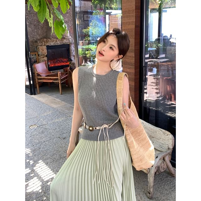 Crew Neck Top Ribbed Knit Plain Sleeveless