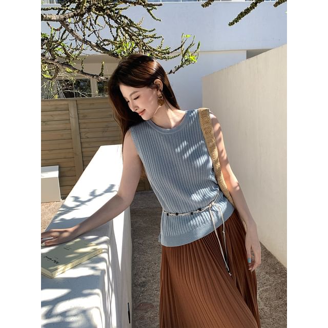 Crew Neck Top Ribbed Knit Plain Sleeveless