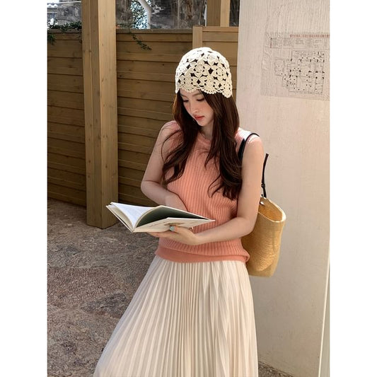 Crew Sleeveless Plain Top Neck Knit Ribbed