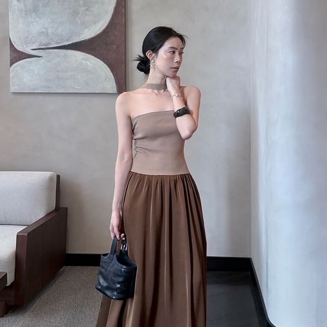 Ribbed Top Plain Knit Neck Halter