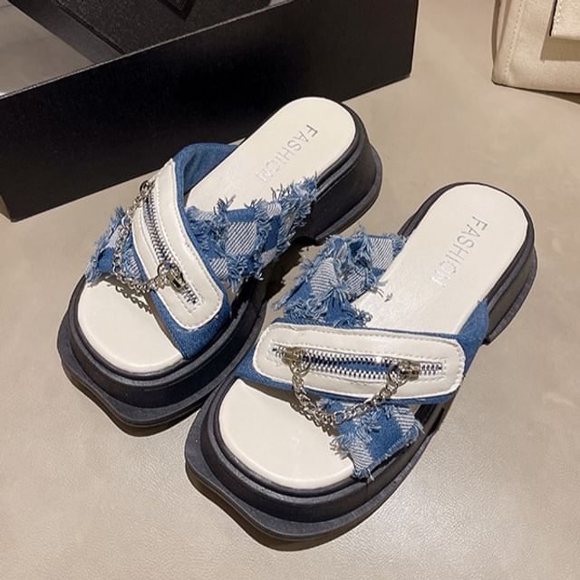 Detail Chunky Cross Platform Strap Zipped Slide Sandals Chain Heel