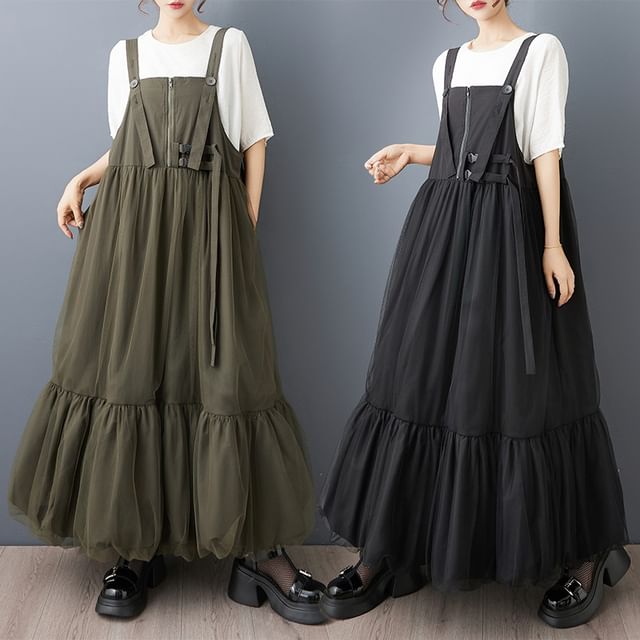 Ruched Plain Maxi Pinafore Dress