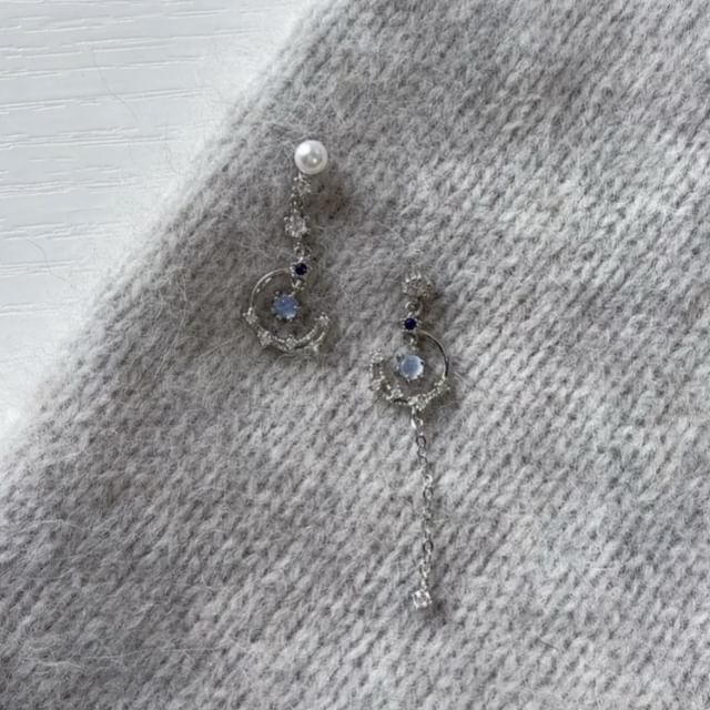 Drop Pearl Faux Rhinestone On Earring Asymmetrical Clip /
