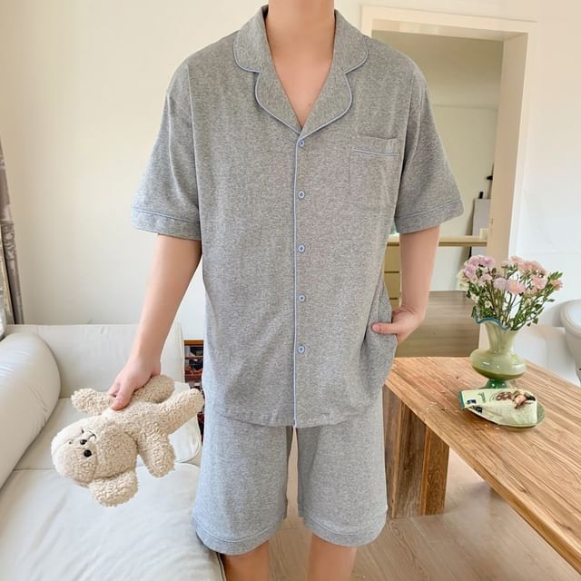 Couple Matching Lapel Pajama Top / Lace Tank / Lounge Shorts Set
