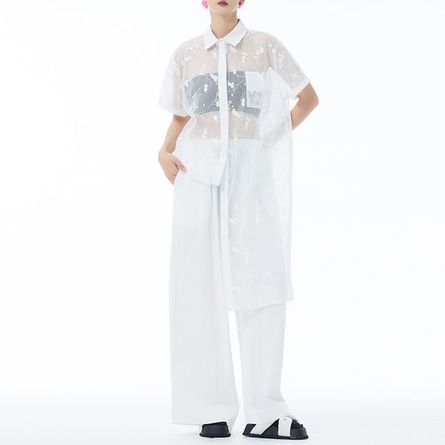 Short Sleeve Lace Asymmetrical Shirt