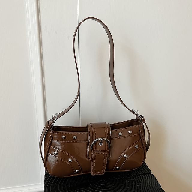 Studded Buckle Panel Shoulder Bag