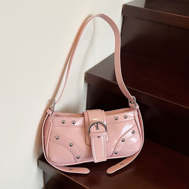 Studded Buckle Panel Shoulder Bag
