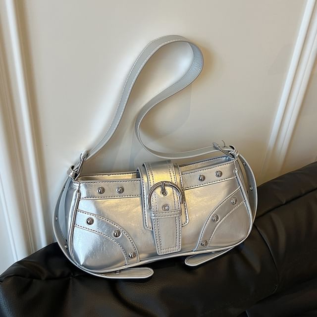Studded Buckle Panel Shoulder Bag