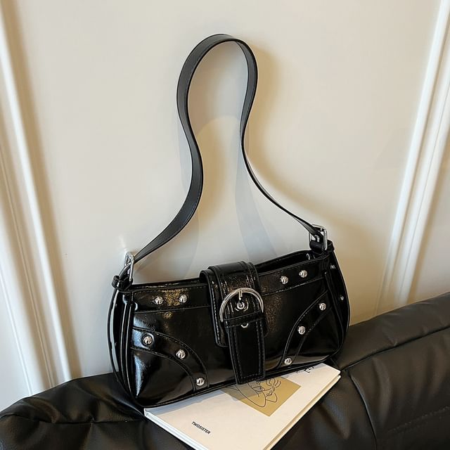 Studded Buckle Panel Shoulder Bag