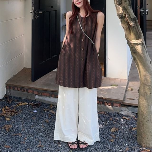 Striped Button-Up Sleeveless Top / High Rise Lace Wide Leg Pants