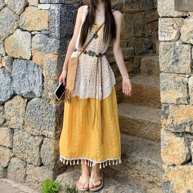Spaghetti Strap Tassel Midi A-Line Dress / Crochet Lace Tank / Belt Set