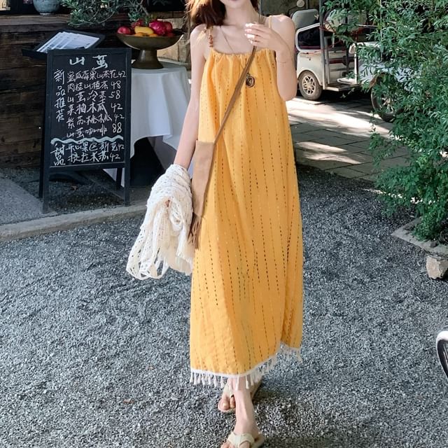 Spaghetti Strap Tassel Midi A-Line Dress / Crochet Lace Tank / Belt Set