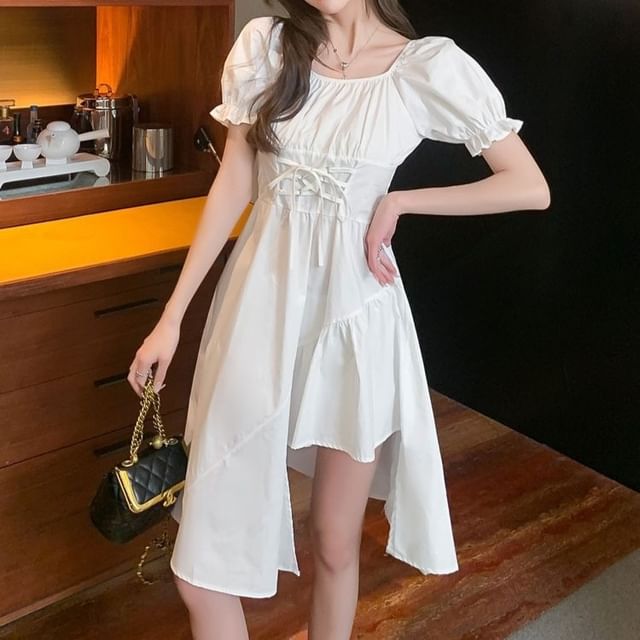 Square Dress Short-Sleeve Neck Asymmetrical Plain A-Line