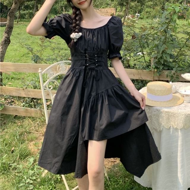 Square Dress Short-Sleeve Neck Asymmetrical Plain A-Line