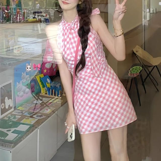 A-Line Plaid Sleeveless Dress Mini