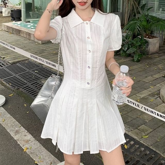 Dress Short-Sleeve Mini Pleated Shirt Plain