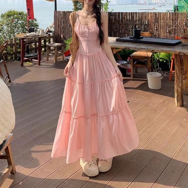 Strap Maxi Spaghetti Scoop Plain Dress A-Line Neck